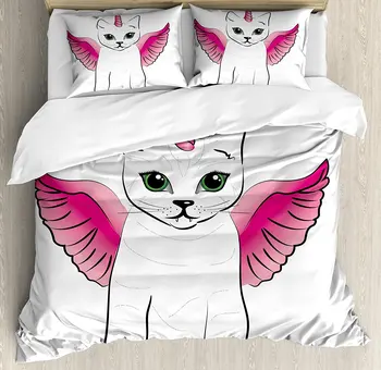 

Unicorn Cat Duvet Cover Set Urban Fantasy Theme Cat Figure with Pink Wings and Horn Vintage Fiction Art 4 Piece Bedding Set