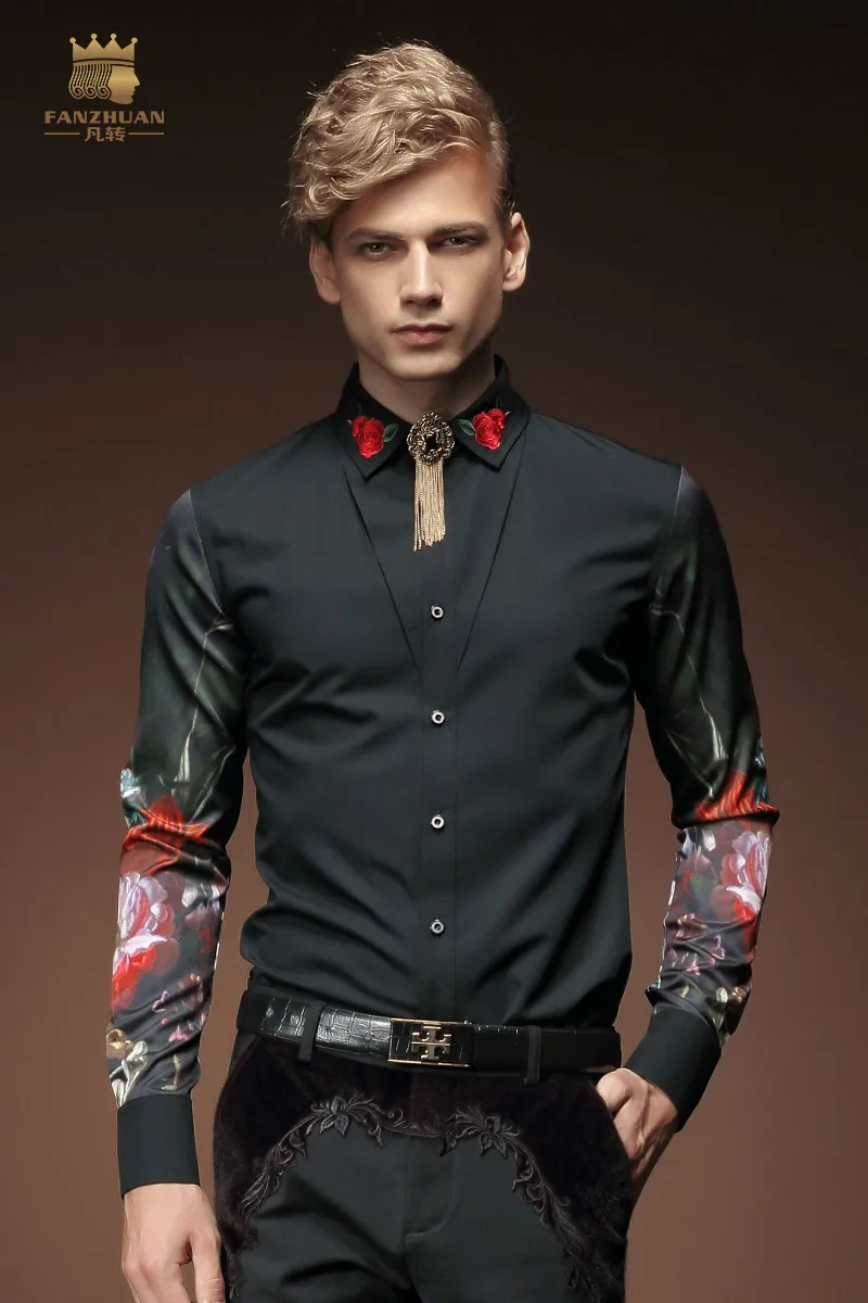 Fashion Casual Men Korean Long Sleeved Shirt Black Embroidery Flower 2033 FanZhuan