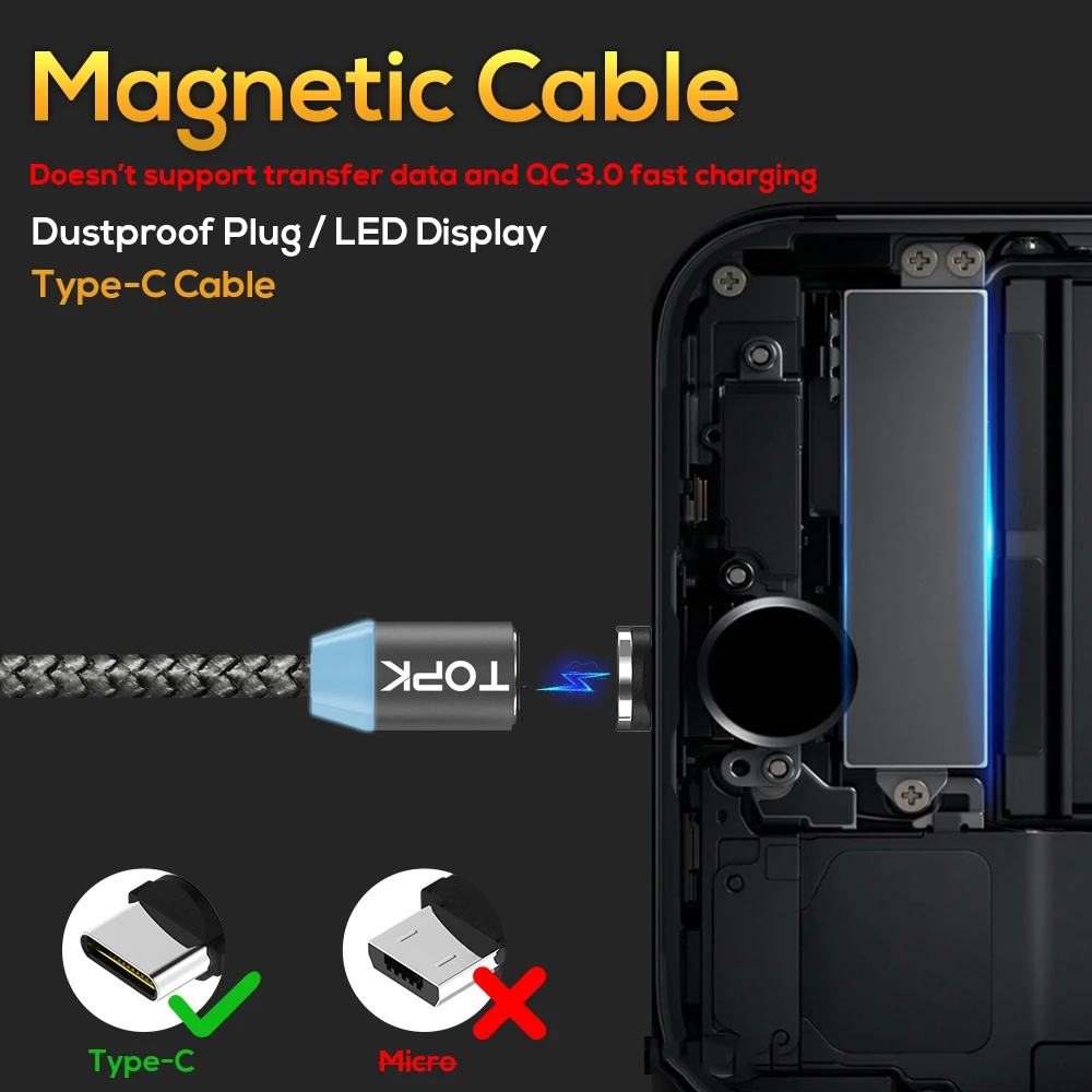 TOPK [5 Pack] R Line1 светодиодный магнитный кабель USB Type C нейлоновый плетеный для