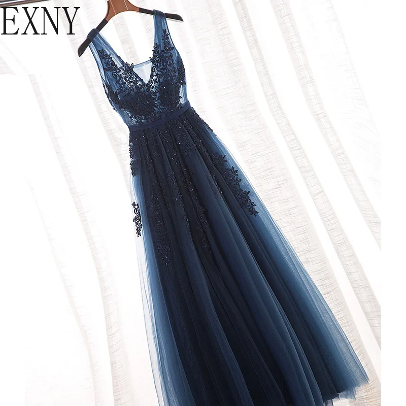 EXNY Sexy v-образным вырезом вечернее платье халат De Soiree 2019 Темно-синие Тюль с