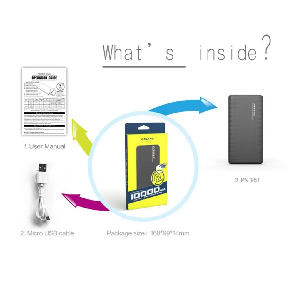 PINENG 10000mah Power Bank PN 951 Mobile PowerBank Portable Battery Pack Li-Polymer Charger with Indicator For iphoneX XR pn-951