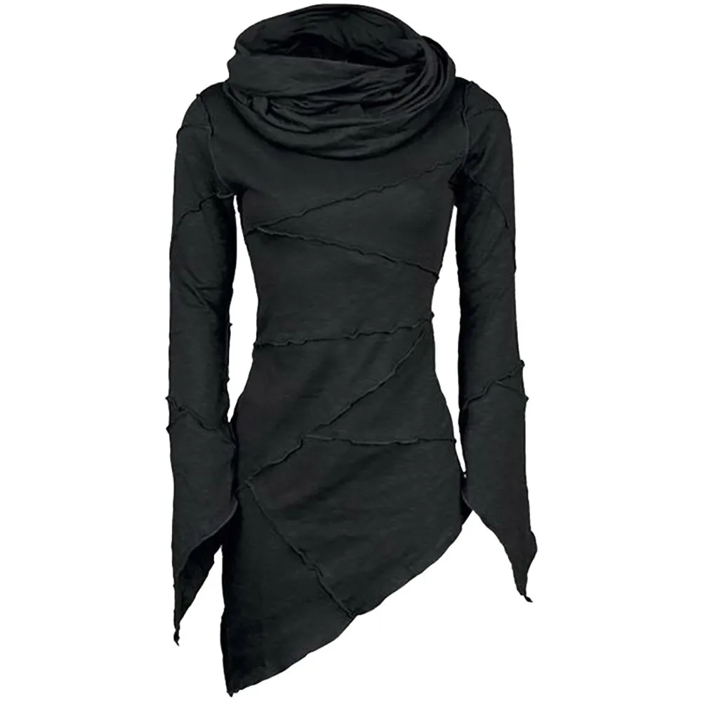 Женская тонкая однотонная водолазка, шарф, воротник, ассиметричные рукава, свитер, подол, топы, сшитые толстовки, ворсовый воротник, длинный рукав - Цвет: Black