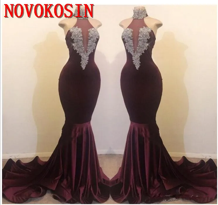 

2019 Halter Velvet Mermaid Long Prom Dresses Illusion Lace Applique Beaded Sweep Train Evening Gowns Vestidos De Festa