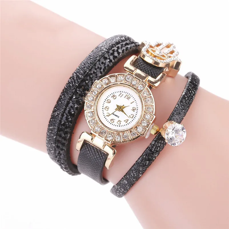 Black Fashion Woman Watches Crystal Faux Leather Strap Band Analog Quartz Wrist Watch Bracelet Female Clock Reloj Mujer C3 | Наручные