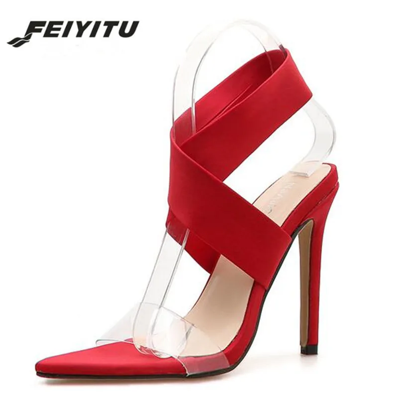 

Feiyitu New Women Designer Brand Fashion Pointed Toe Open Thin High Heels Sandals Gladiator Bride Red Wedding Party Dress Shoes