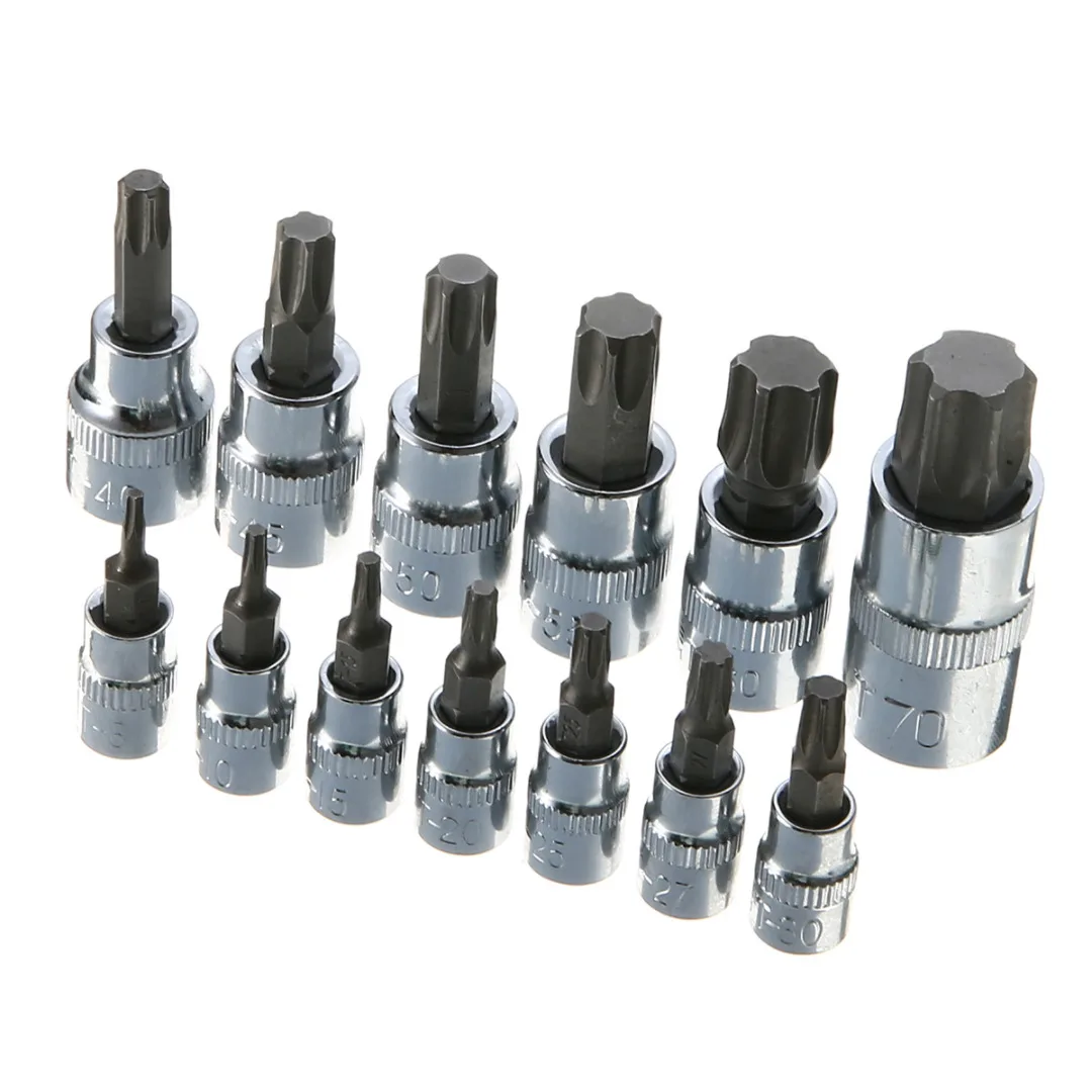 

13pcs 1/4" 3/8" 1/2" Wrench Spanner Socket Set Drive Tamper Proof Torx Star Bit Socket Kit Set for Hand Tools with box case