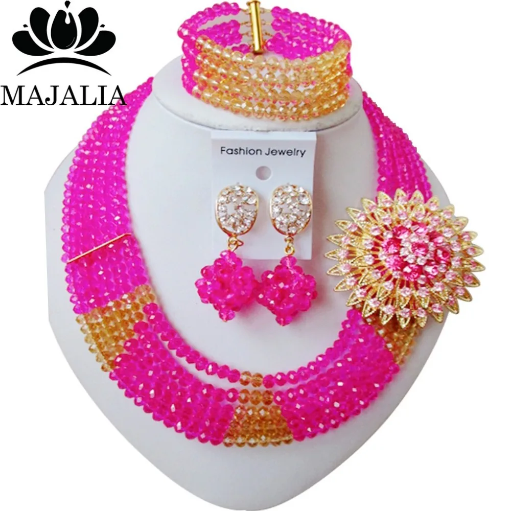

Trendy Gold Champagne and Hot Pink Nigerian wedding African beads jewelry set crystal necklace bracelet earrings 1009