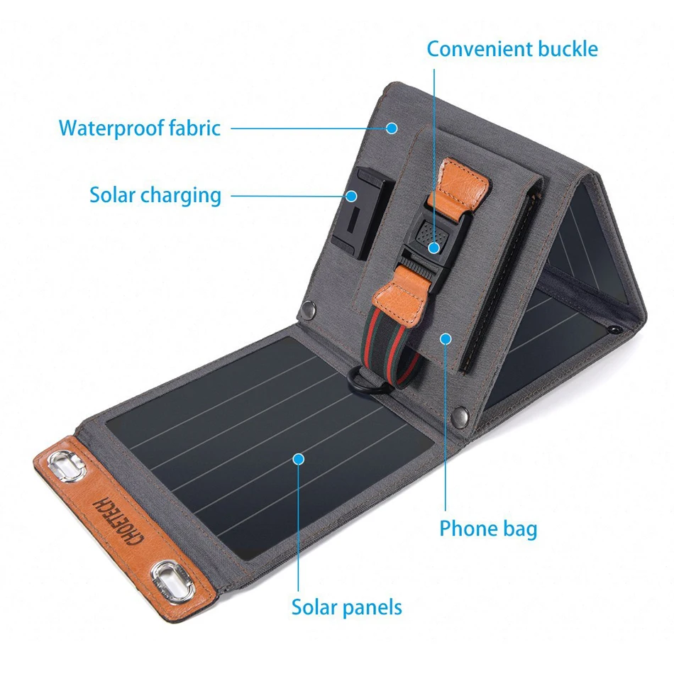 CHOETECH Cargador Solar 14W USB cargador de viaje plegable para teléfono con Panel Solar SunPower i