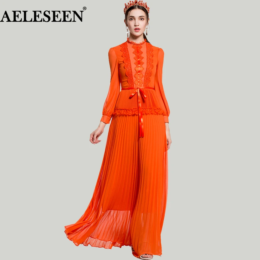 Luxury XXL Women Vestido Dresses 2018 Spring Runway Fashion Lace Ruffles Bow Patchwork Lantern Long Sleeve Pleated Maxi Dress