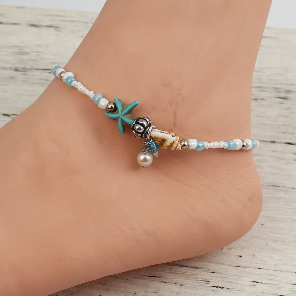 

DoreenBeads Fashion Women Anklets White Blue Acrylic Starfish Conch Beads Romantic Jewelry Bohemia Ankelets 29cm Long,1 Piece