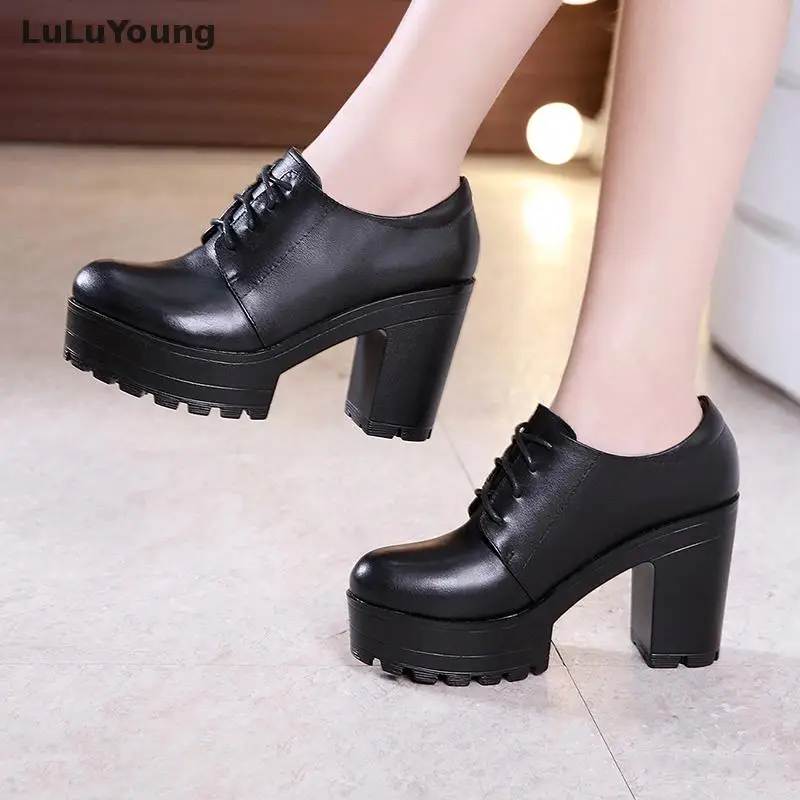

Autumn Spring Thick Heel Tie High Heel Platform Female Black Women's Shoes Size 32 To 43