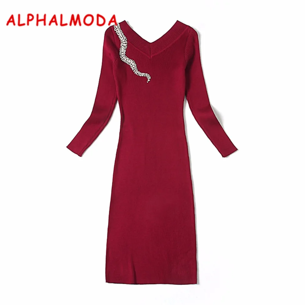 ALPHALMODA 2017 рождественское женское Элегантное трикотажное платье с кристаллами v
