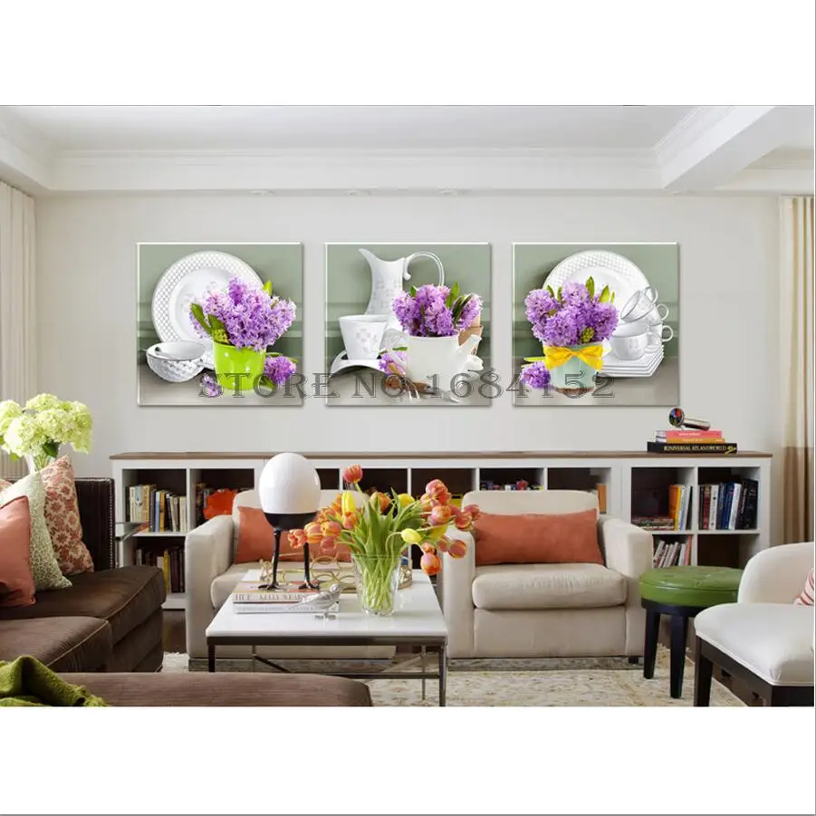

Triptych 5D Diamond Embroidery Lavender vase tableware diy diamond painting 3 pcs cross stitch Nordic decoration for kitchen A36