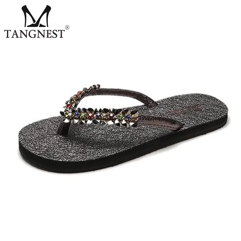

Tangnest Mixed Color Women's Beach Flip Flops Fashion Bling Crystal Summer Slippers Woman Casual Non-Slip Flats Shoes XWT1364