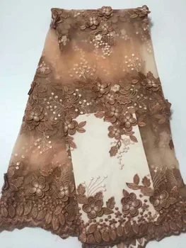 

French Lace Fabrics Gold High Quality African Net Lace With Soft 3D Flowers Rhinestones Beads Nigeria Tulle Mesh Wedding Dress
