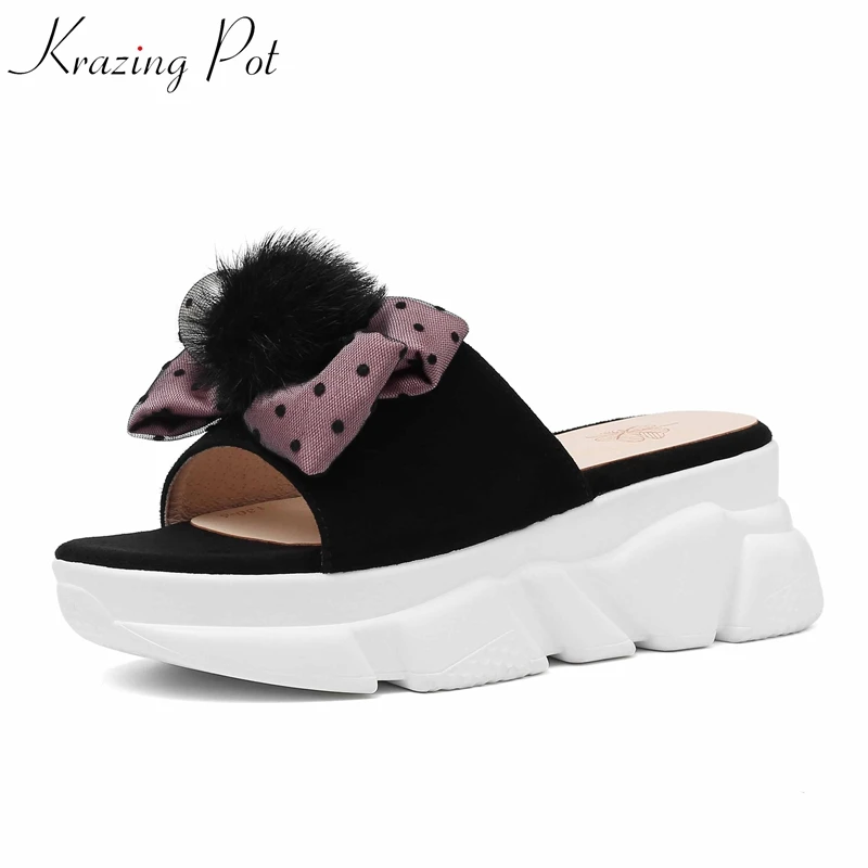 

Krazing pot kid suede string bead flip flop peep toe wedges high heels plus size bowtie European gladiator gorgeous sandals L71