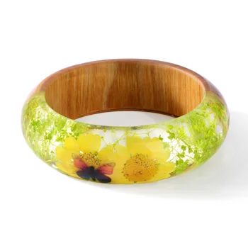 

2018 New Design Charm Wood Resin Bangle Bracelet with Real Dried Flower Bangle for Women Indian Jewelry Handmade