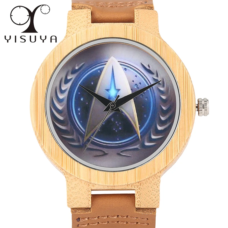 

YISUYA Mens Bamboo Wood Quartz Wrist Watch Star Trek Pattern Wooden Case Casual Soft Genuine Leather Strap Male Gift Fashion