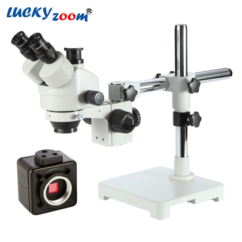 

Luckyzoom Brand 7X-45X Single Boom Stand Trinocular Stereo Zoom Microscope 100mm Working Distance W/ 5MP microscopio Camera