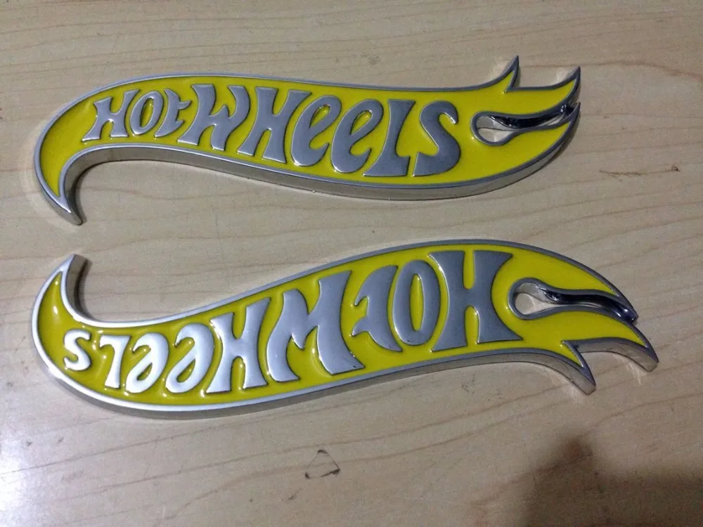 1pair Chrome & yellow Hot Wheels Flames Emblem Badge Hot Rod, Mustang