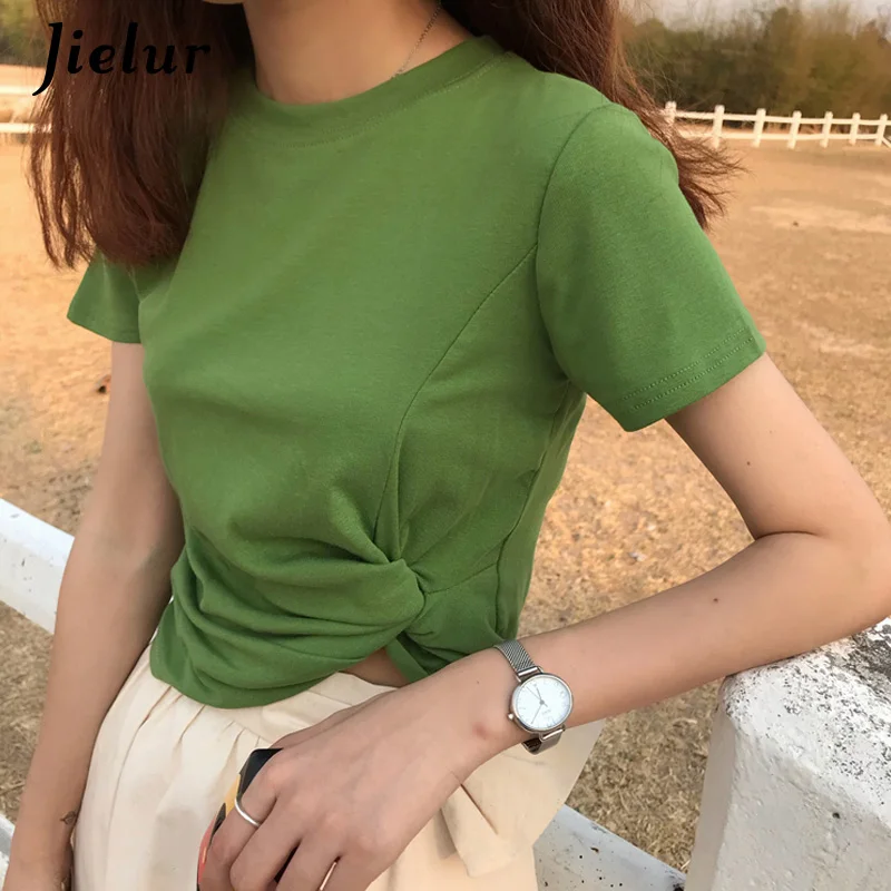 Jielur Женская летняя футболка с короткими рукавами, повседневные уличные футболки Kpop, женские Необычные модные футболки, 7 цветов, Roupas Feminina - Цвет: Зеленый