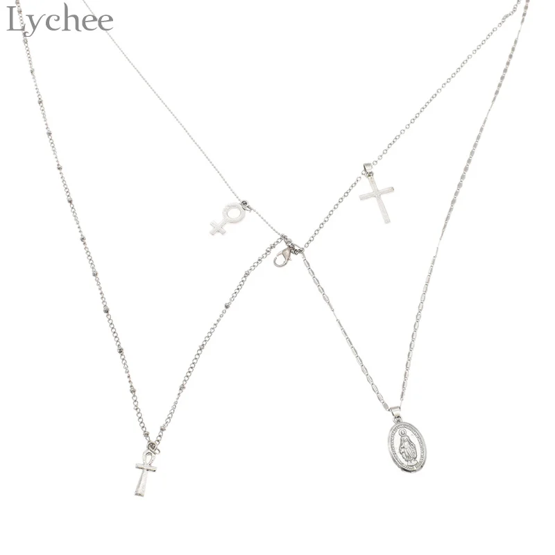 

Lychee Trendy Alloy Virgin Mary Cross Necklace Gold Color Silver Color Multilayer Necklace Unisex Jewelry Accessories Gifts