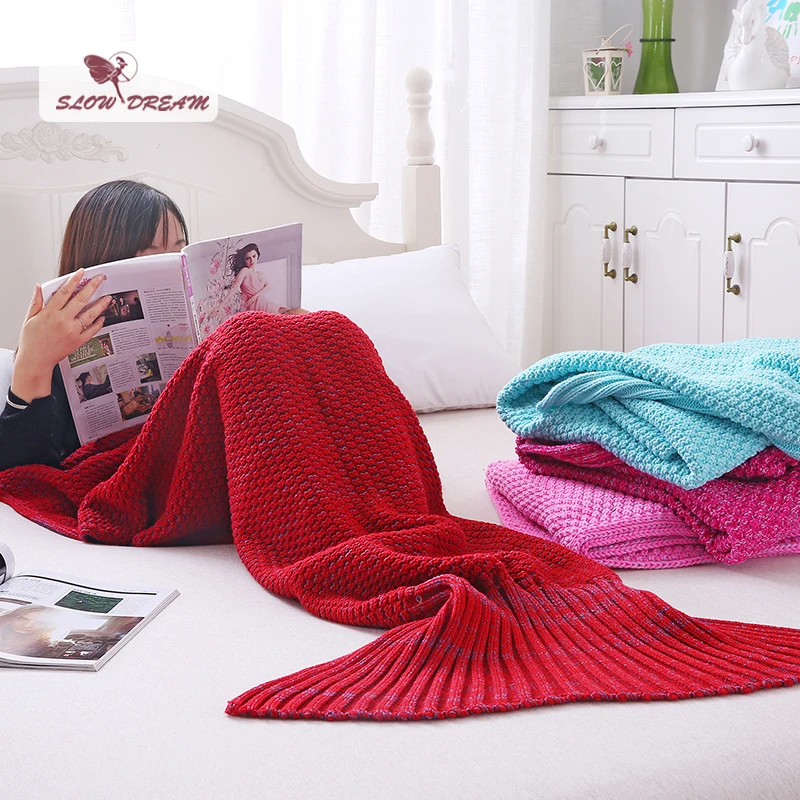 

Slowdream Red Knitted Mermaid Tail Blanket For TV Sofa Bed Throw Blanket Keep Warm All Season Adult Kids Sleeping Bag Handmade