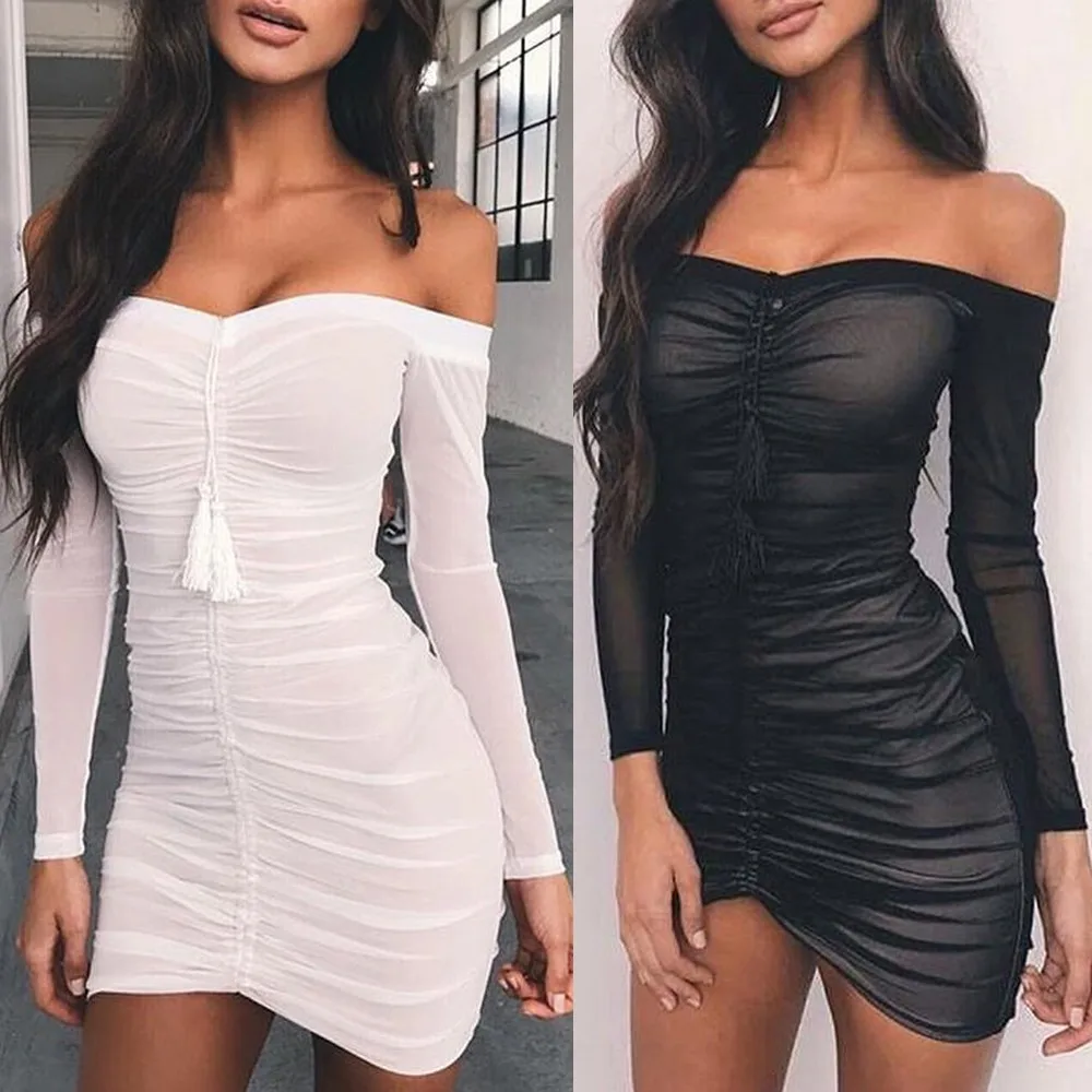 

2018 Sexy Ladies Net Tassel Long Sleeve Tight Party Women Z10