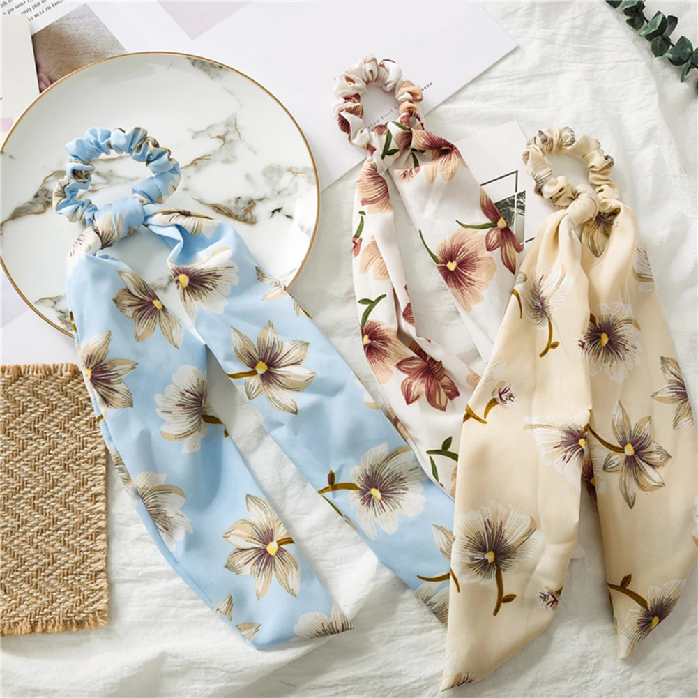 

DIY Elastic Hair Bands Print Ponytail Scrunchies Long Ribbon Elegant Floral Elastic Hair Band Bow Scarf Hair Rope Headwear