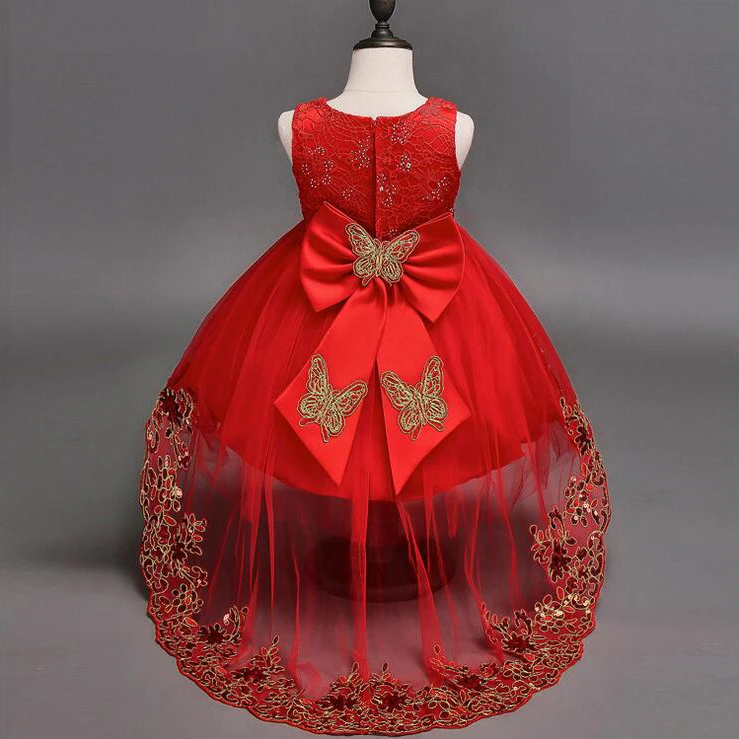 Fashion red white pink lace tulle short front long back children dress wedding big sequin bow baby girl party wear dresses шапка kusto steam short red white