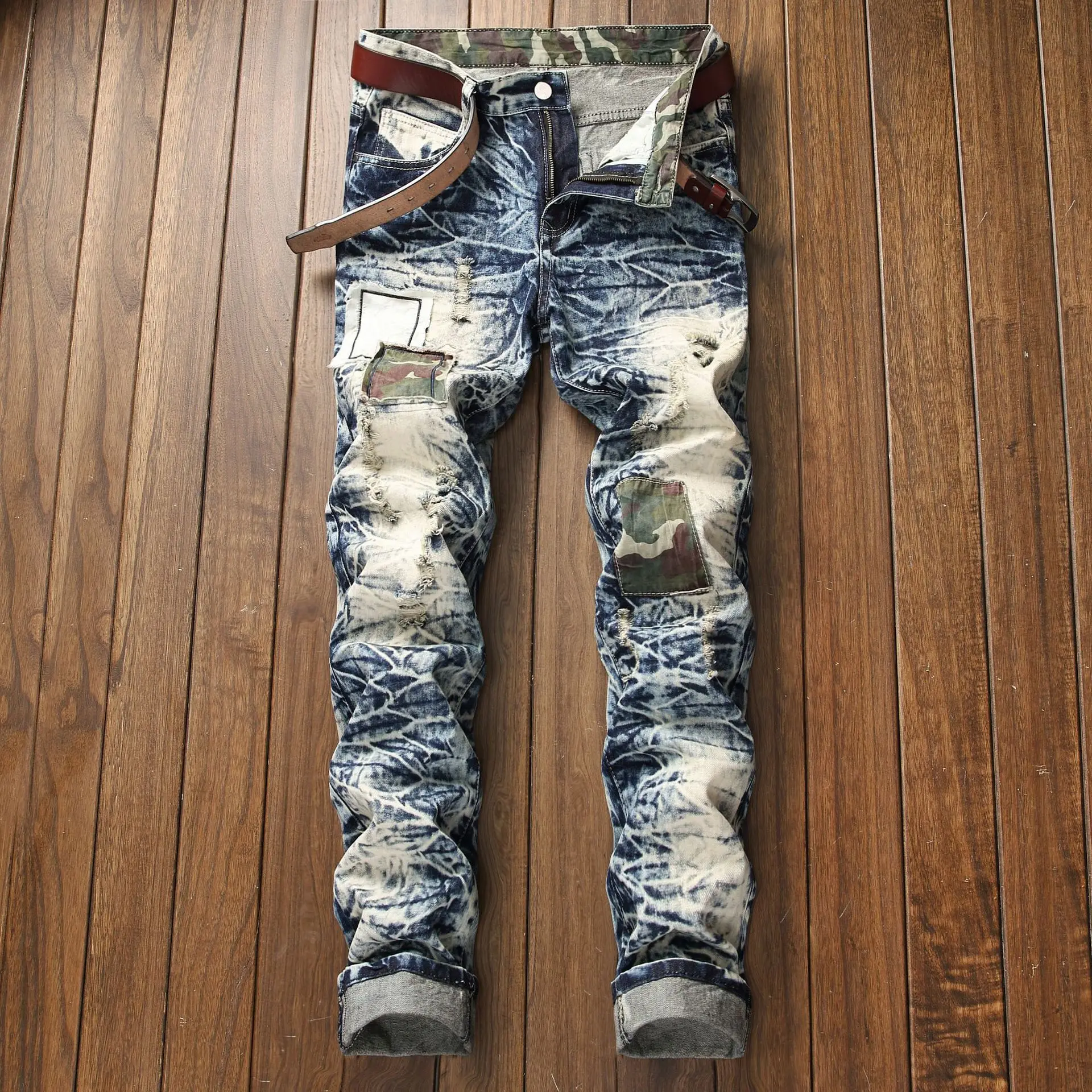 Модные мужские джинсы в стиле хип-хоп с заплатками в стиле ретро, мужские байкерские джинсы на молнии с дырками, рваные джинсы свободного кроя