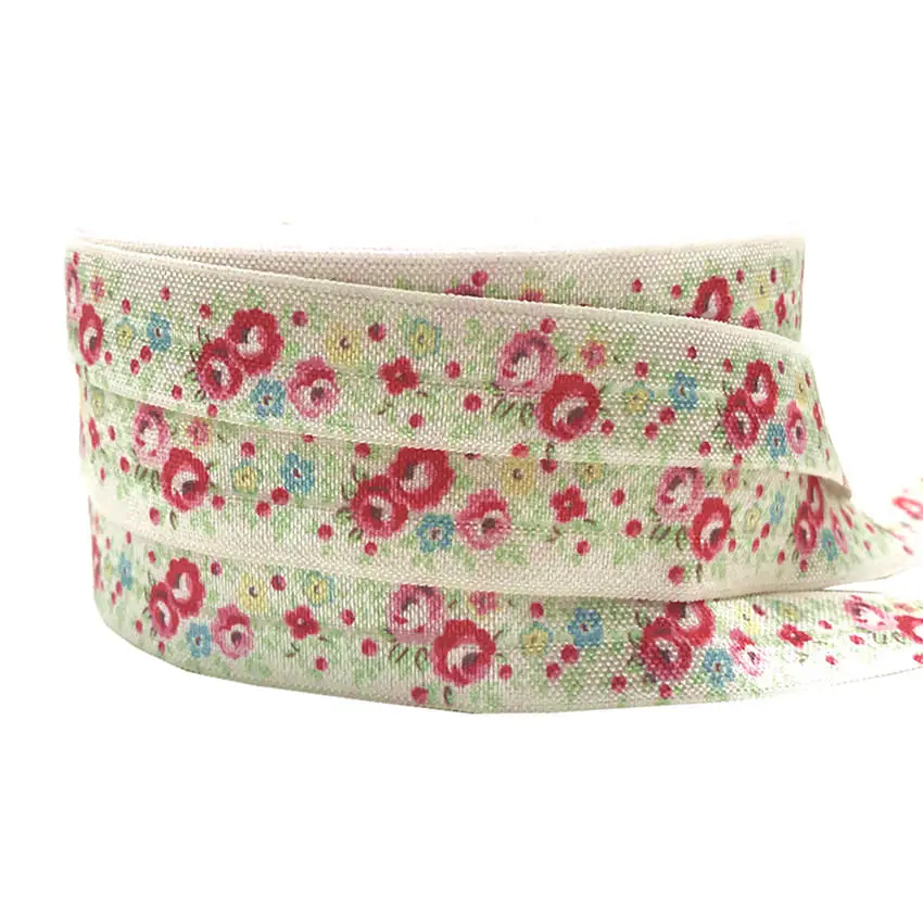 

10 yard 5/8" Flower Print Fold Over Elastic White FOE Ribbon Webbing for Girl Wristband Hair bow Headband Hair band Accessory