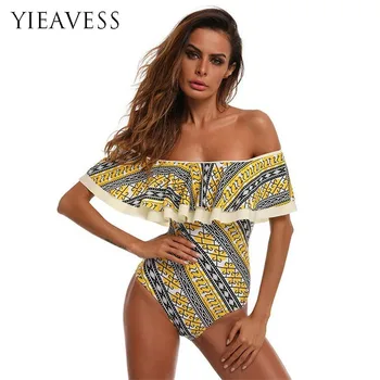 

YIEAVESS New Off Shoulder One Piece Swimsuit Women Ruffle Striped Swimwear Push Up Swimming Suit Thong Bathing Suit