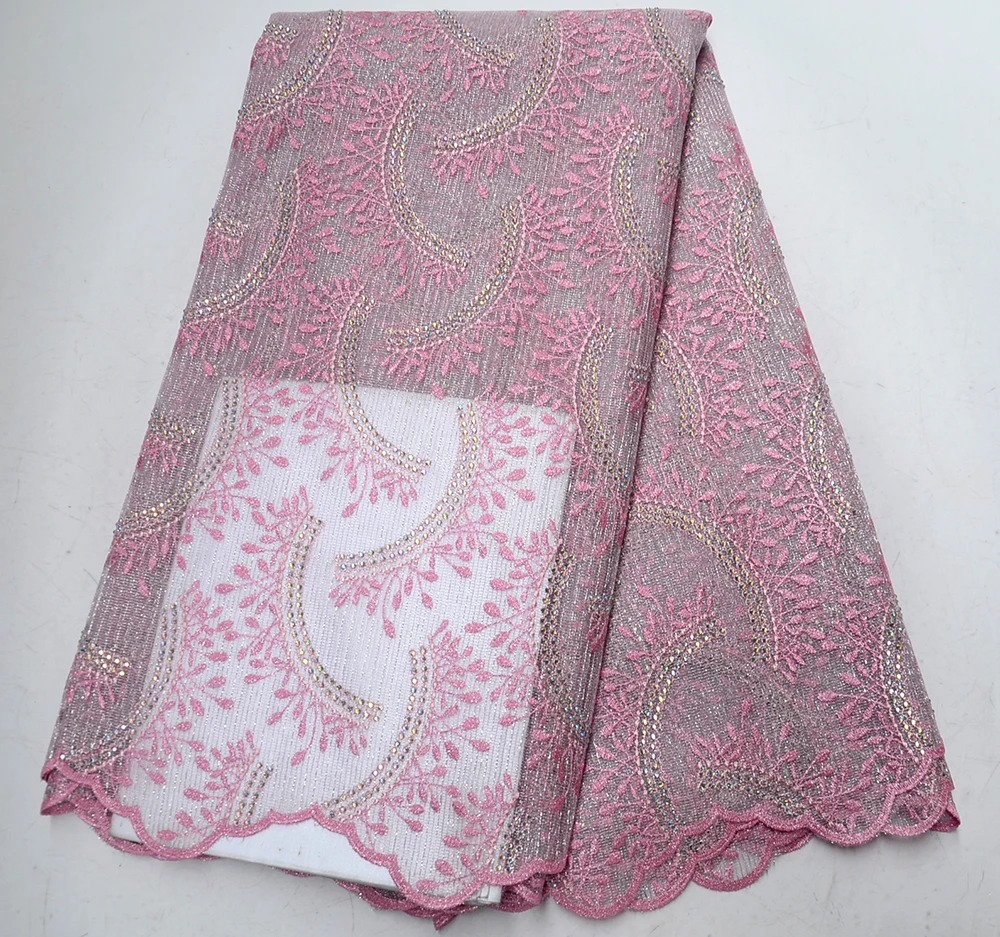 

Pink African Mesh Lace Fabric 2019 High Quality Embroidered Nigerian Guipure Laces Fabric With Rhinestones For Women
