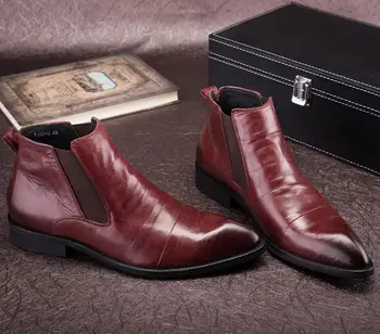 

Ankle Boots Dress Shoes Men Elastic Band Pointed Toes Pleated Roman Boots Slip On Flats High Top Red Wedding Casual Shoes