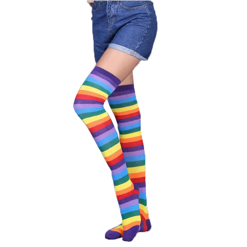 

Plus Size Colorful Anime Cosplay Striped Stocking For Women Girl Kwaii Knee High Cotton Stocking Student Long Stocking Black