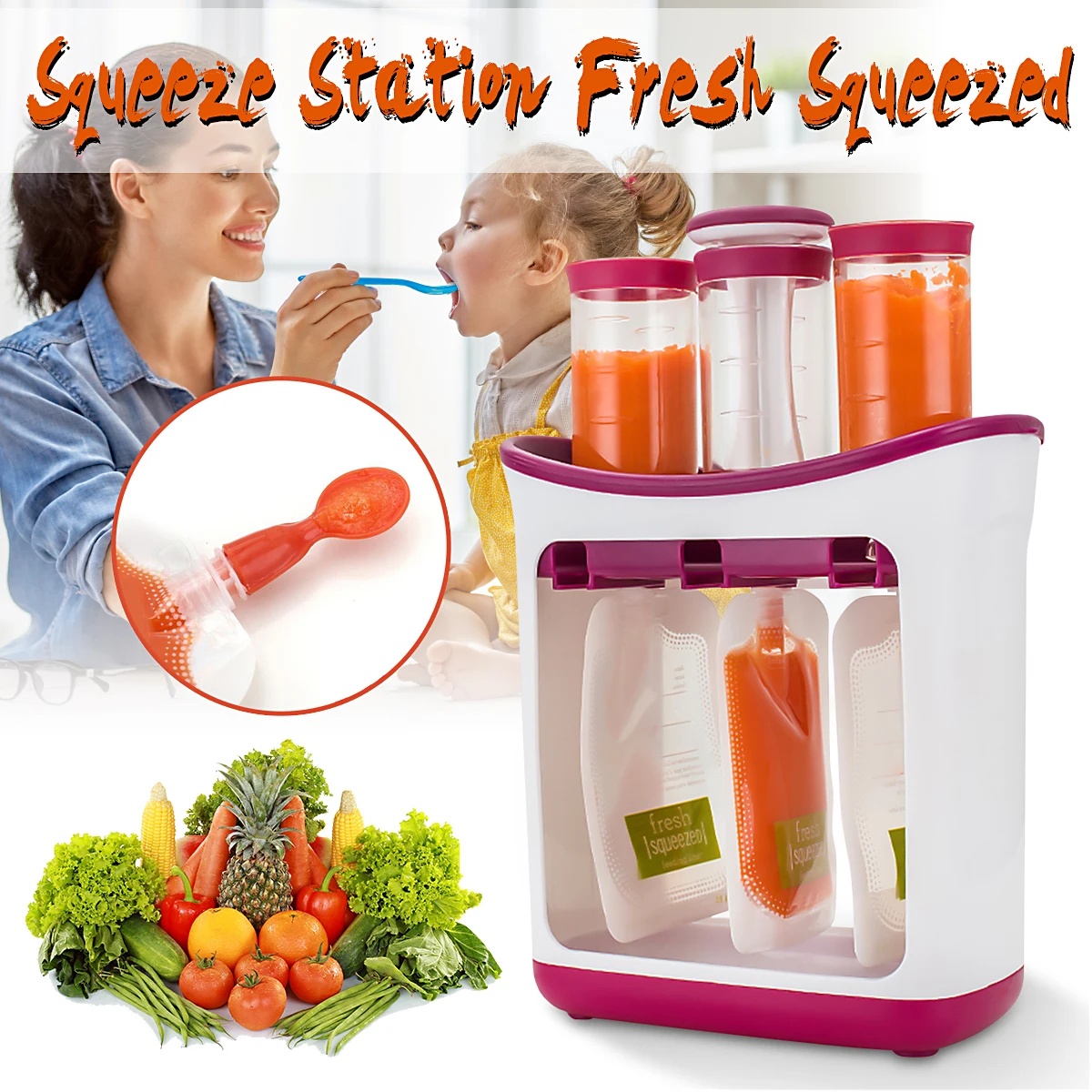 

Food-grade PP Infant Baby Feeding Food Squeeze Station Toddler Fruit Maker Dispenser Homemade 10 Pouches 3 Food Dispensors