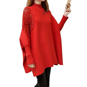 

2019 Autumn Winter Women Batwing Sleeve Hollow Out Turtleneck Knit Pullovers Sweater Female Oversized Tricot Cloak Coat K167