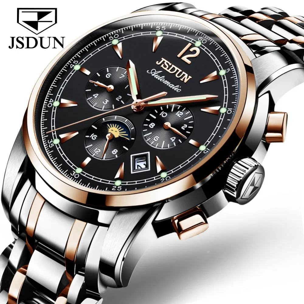 

JSDUN Mens Automatic Mechanical Fashion Top Brand Sports Watches Moon Phase Luminous Stainless Steel Watch Relogio Masculino