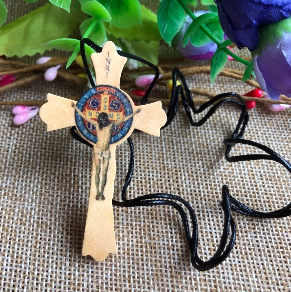 funky free spray painted wood cross pandant necklace, wooden benedict