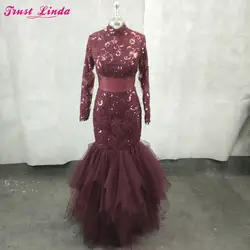Великолепный бордовый кружевной аппликацией одежда с длинным рукавом платья для мам 2018 Высокая шея Русалка Вечерние Платье Плюс Размеры