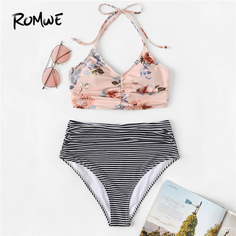 

Romwe Sport Floral Print Lace-up Halter Bikinis Top Striped Ruched Two-Piece Swimsuits Women Summer Sexy 2 Colors Beachwear
