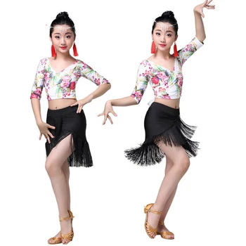 

Tassle Latin Dance Dress for Girls Kids Print Dance Tops with Latin Skirt Performance Competition Standard Kid Princess Costumes