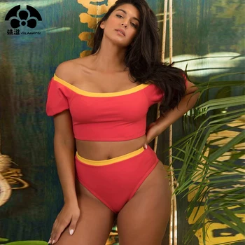 

2018 Summer Off Shoulder Crop Top Sexy Bikini Set Push Up Swimwear Women Swimsuit Female Strapless Bathing Suit Plus Size XXXL