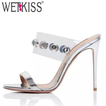 

WETKISS Transparent Pvc Slippers Summer 2019 New Women Slides High Heels Shoes Female Party Mules Shoes Crystal Shoes Ladies