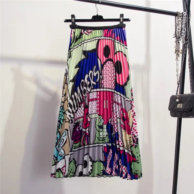 

LISER2019 Spring New-Coming Europen Cartoon Pattern High Elasticity Pleated skirt High Street Style A-line Mid-Calf Christmas