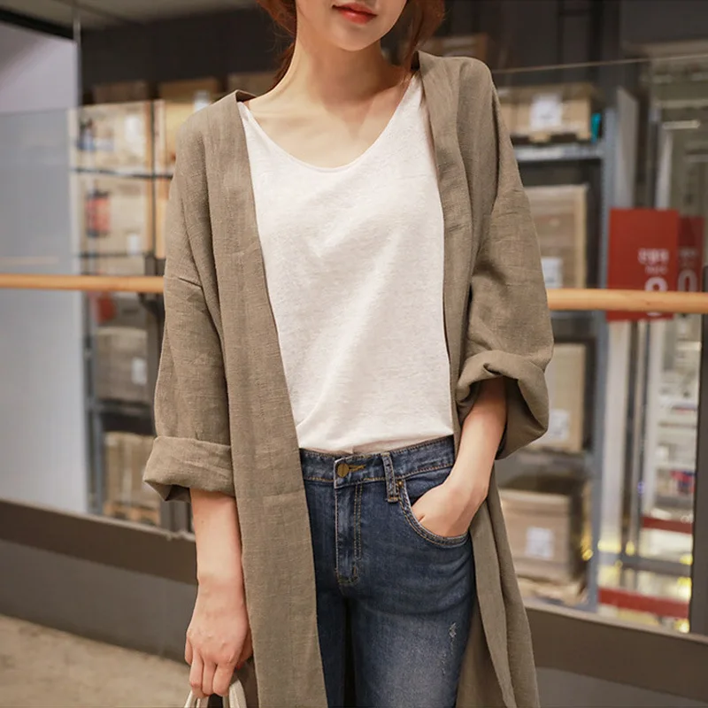 

Medium Long Cotton And Linen Sun Protection Clothing Female Autumn Large Size Loose Thin Over Knee Cardigan Trench Coat