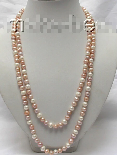 

>>>> stunning long 50" 8mm white pink round freshwater pearl necklace d950