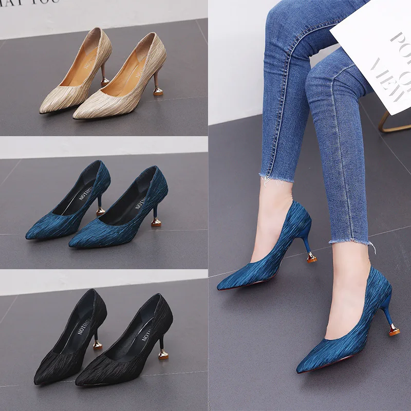 2018 summer new single shoes female Korean version of the wild striped pointed shallow mouth with temperament high heels | Обувь