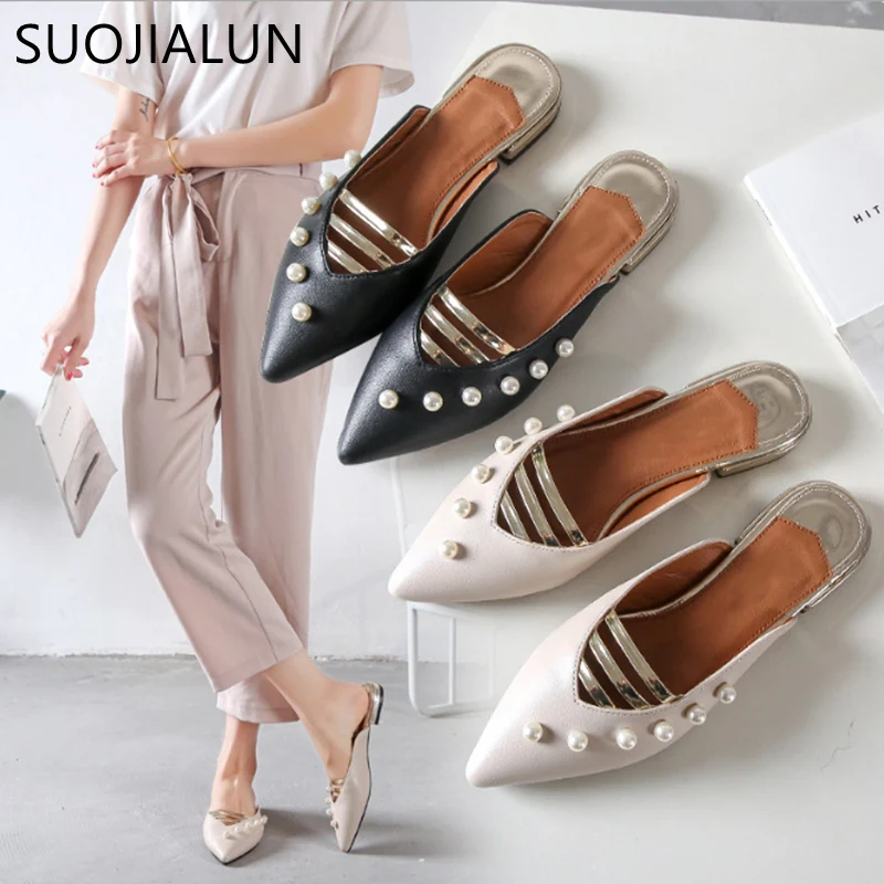 

SUOJIALUN Women Brand Slippers Flat Women Casual Shoes Slip On Slides Fashion Pearl Pointed Toe Elegant Slipper Plus Size35-41